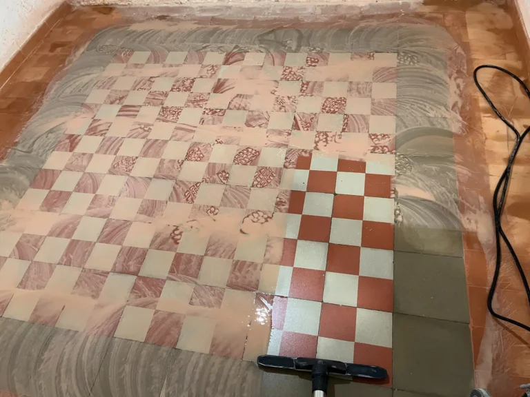 Microlevigatura con effetto satinato, consolidamento e trattamento a base di silicati di litio – pavimento in cementine